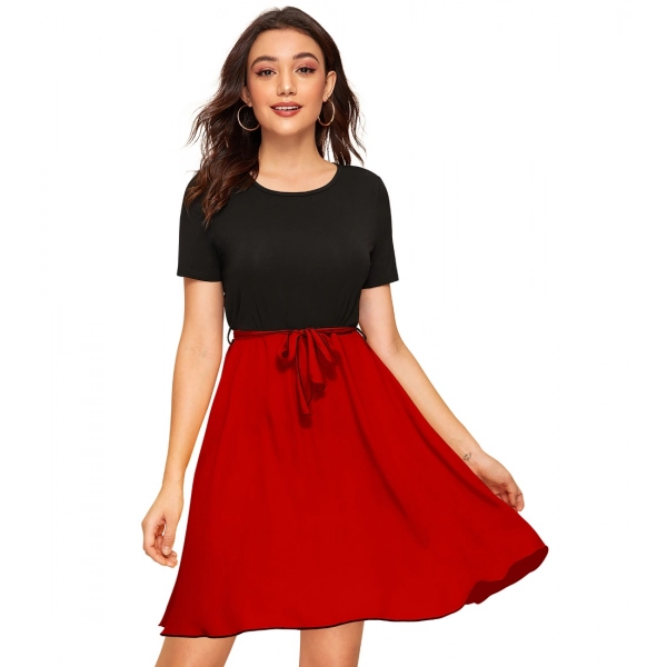 Dropship Women's Knitting stretchable Solid Round Neck Cap Sleeve Dress (Red)
