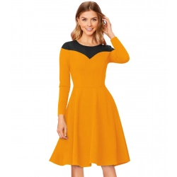 Women's Knitting stretchable Solid Round Neck Full Sleeve Dress (Yellow)