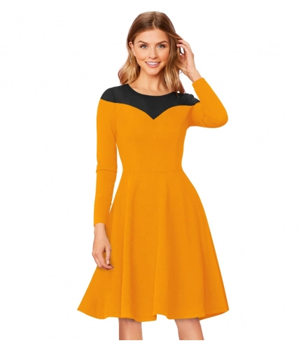Women's Knitting strachable Solid Round Neck Full Sleeve Dresses (Yellow)