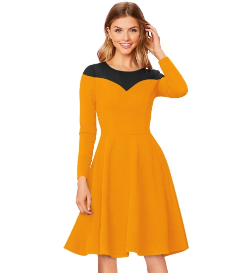 Women's Knitting stretchable Solid Round Neck Full Sleeve Dress (Yellow)