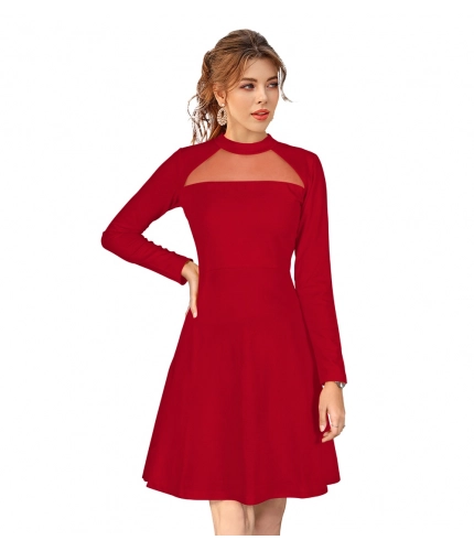Women's Knitting strachable Solid Round Neck Full Sleeve Dresses (Red)