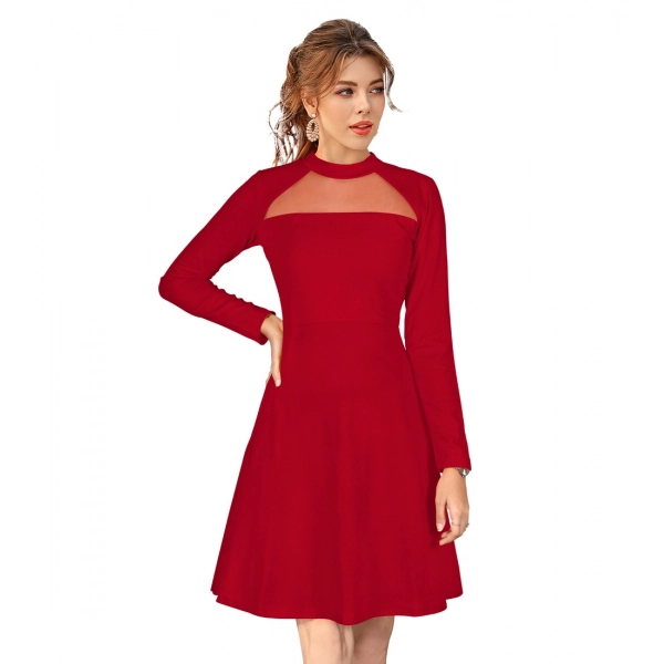 Dropship Women's Knitting stretchable Solid Round Neck Full Sleeve Dress (Red)