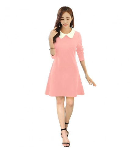Women's Polyster Solid Collar 3-4th Dresses (Peach)