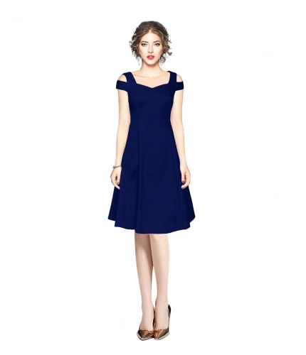 Women's Polyster Solid V Neck Cap Sleeve off Sholder Dresses (Blue)