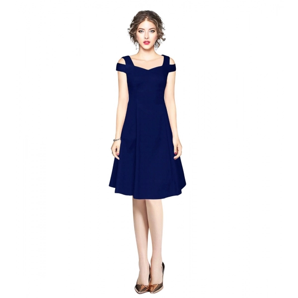 Dropship Women's Polyester Solid V Neck Cap Sleeve off Shoulder Dress (Blue)