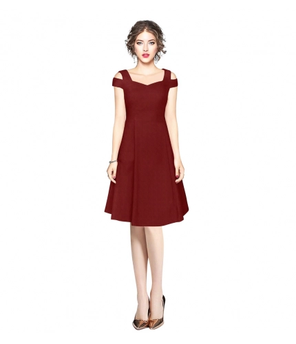 Women's Polyster Solid V Neck Cap Sleeve off Sholder Dresses (Maroon)
