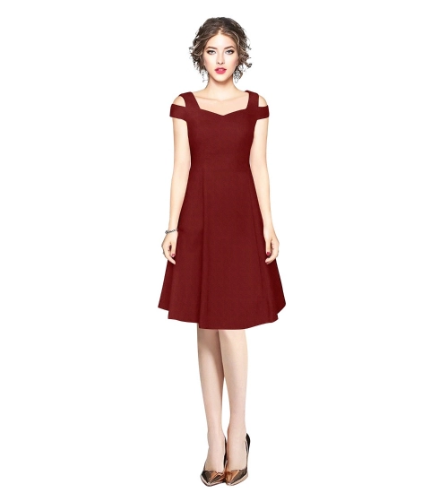 Women's Polyester Solid V Neck Cap Sleeve off Shoulder Dress (Maroon)