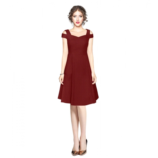 Dropship Women's Polyester Solid V Neck Cap Sleeve off Shoulder Dress (Maroon)