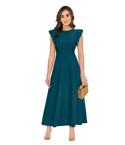 Women's Knitting strachable Solid Round Neck Ruffled Sleeve Dresses (Morpich)