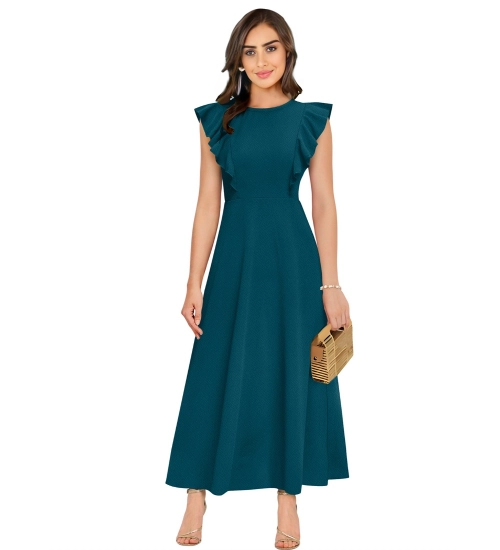 Women's Knitting stretchable Solid Round Neck Ruffled Sleeve Dress (Morpich)