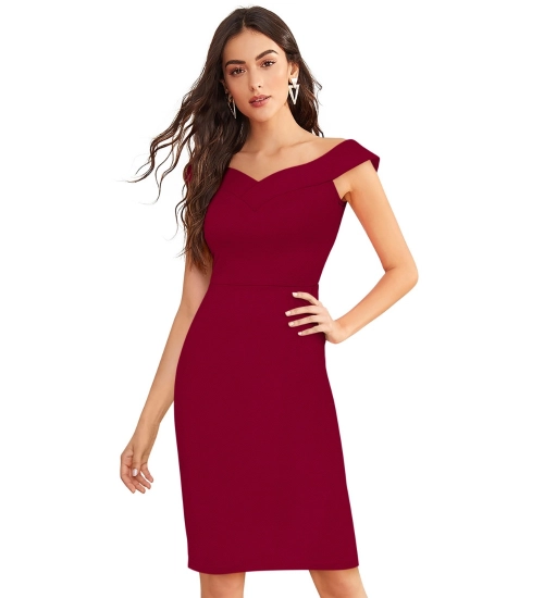 Women's Knitting stretchable Solid Round Neck Sleeveless Dress (Maroon)