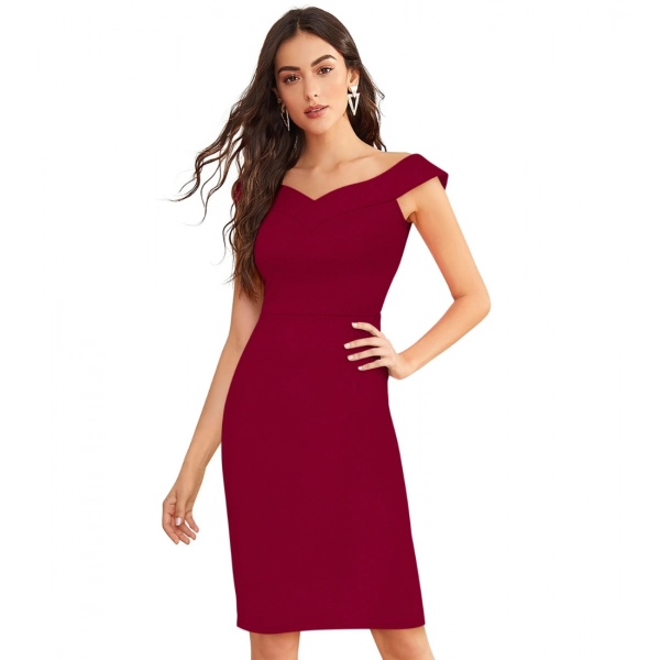 Dropship Women's Knitting stretchable Solid Round Neck Sleeveless Dress (Maroon)