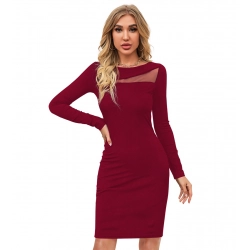 Women's Knitting stretchable Solid Round Neck Full Sleeve Dress (Maroon)