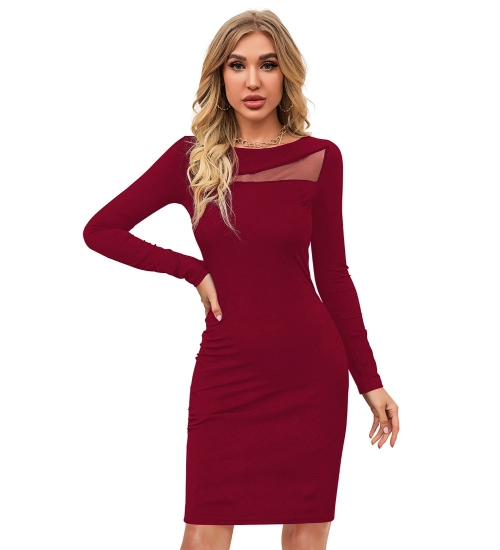 Women's Knitting stretchable Solid Round Neck Full Sleeve Dress (Maroon)