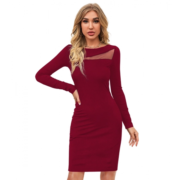 Dropship Women's Knitting stretchable Solid Round Neck Full Sleeve Dress (Maroon)