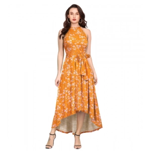 Generic Women's Polyester Printed Halter Neck Sleeveless Dress (Yellow)