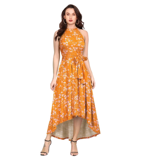 Women's Polyester Printed Halter Neck Sleeveless Dress (Yellow)