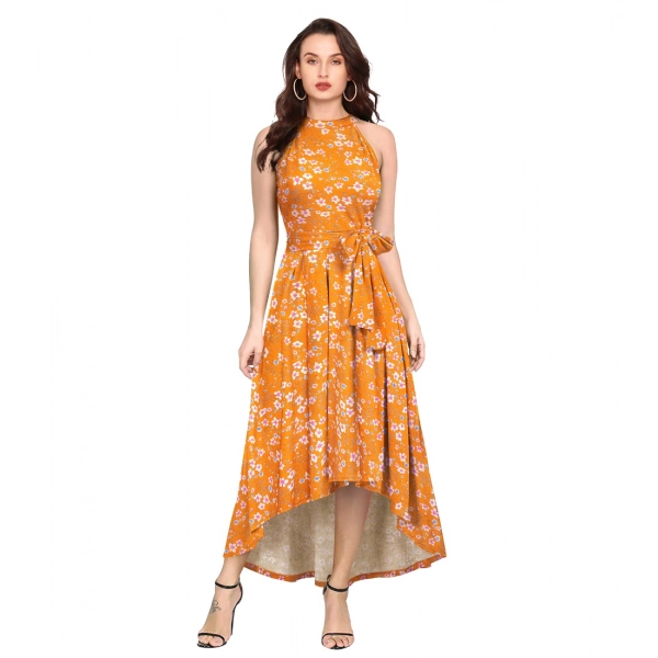 Dropship Women's Polyester Printed Halter Neck Sleeveless Dress (Yellow)