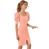 Dropship Women's Knitting stretchable Solid Square Neck 3-4 Puff Sleeve Dress (Peach)