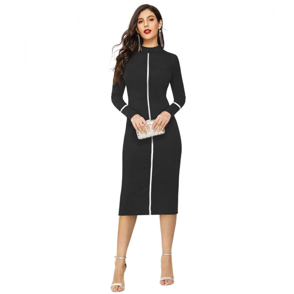 Dropship Women's Knitting stretchable Solid Round Neck Full Sleeve Dress (Black)