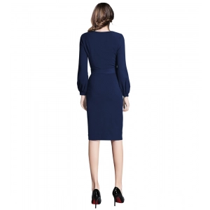 Generic Women's Knitting stretchable Solid Round Neck Full Sleeve Dress (Blue)