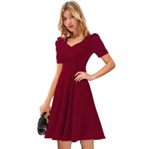 Generic Women's Knitting stretchable Solid V Neck Cap Sleeve Dress (Maroon)