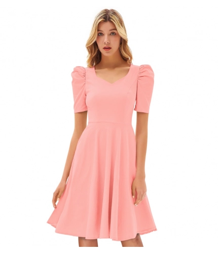 Women's Knitting strachable Solid V Neck Cap Sleeve Dresses (Peach)