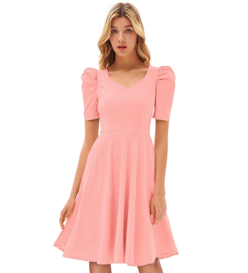 Women's Knitting stretchable Solid V Neck Cap Sleeve Dress (Peach)
