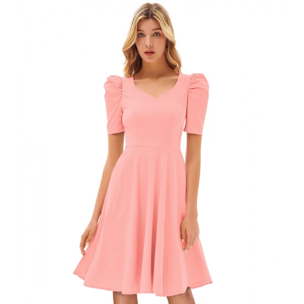 Dropship Women's Knitting stretchable Solid V Neck Cap Sleeve Dress (Peach)