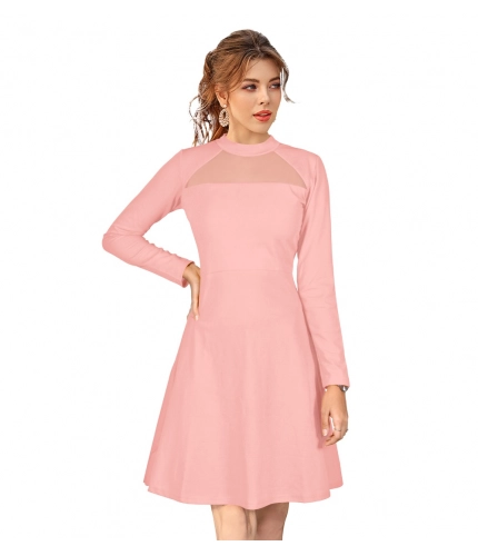 Women's Knitting strachable Solid Round Neck Full Sleeve Dresses (Peach)
