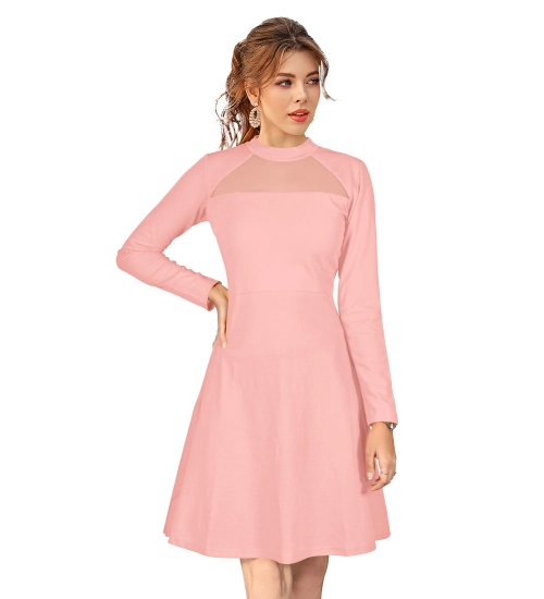 Women's Knitting stretchable Solid Round Neck Full Sleeve Dress (Peach)