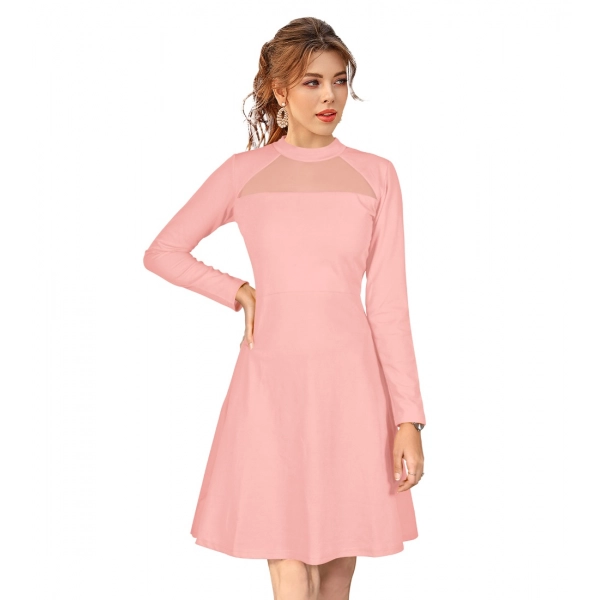 Dropship Women's Knitting stretchable Solid Round Neck Full Sleeve Dress (Peach)