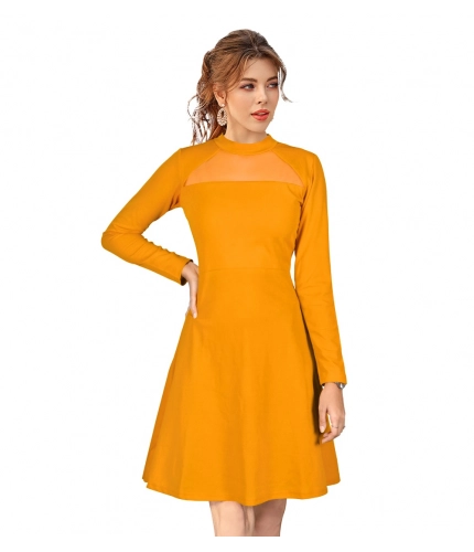 Women's Knitting strachable Solid Round Neck Full Sleeve Dresses (Yellow)