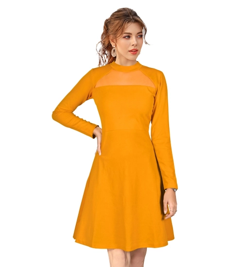 Women's Knitting stretchable Solid Round Neck Full Sleeve Dress (Yellow)