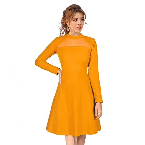 Dropship Women's Knitting stretchable Solid Round Neck Full Sleeve Dress (Yellow)