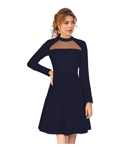 Women's Knitting strachable Solid Round Neck Full Sleeve Dresses (Blue)