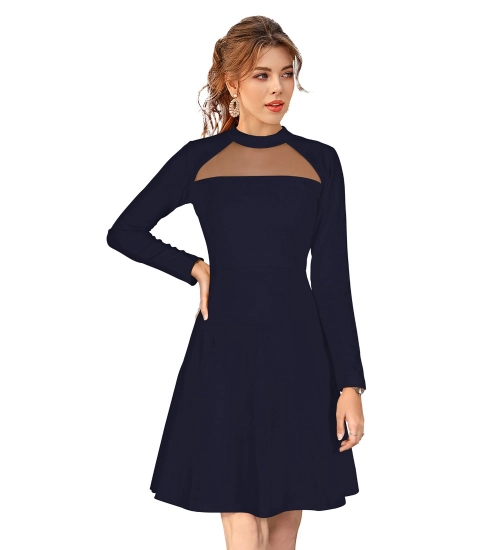 Women's Knitting stretchable Solid Round Neck Full Sleeve Dress (Blue)