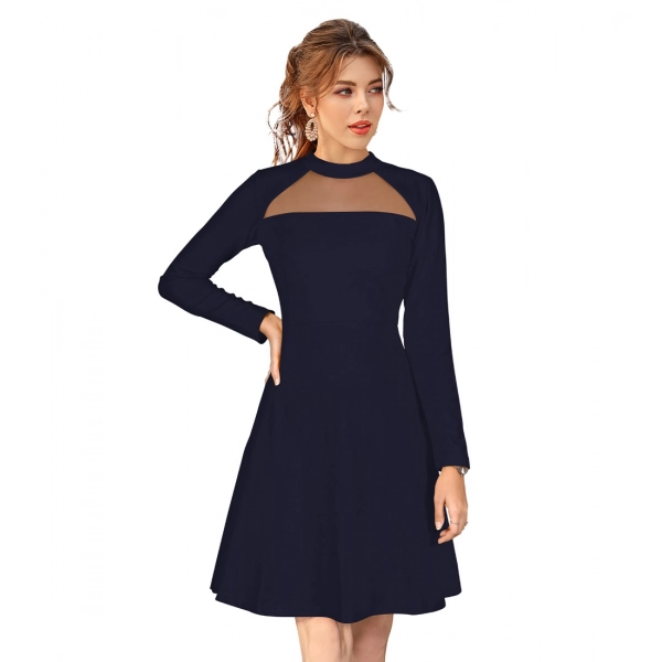 Dropship Women's Knitting stretchable Solid Round Neck Full Sleeve Dress (Blue)