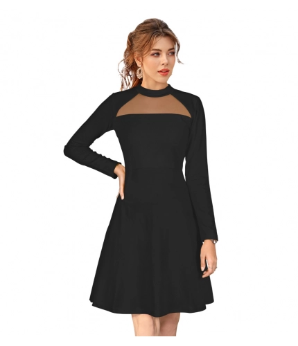 Women's Knitting strachable Solid Round Neck Full Sleeve Dresses (Black)