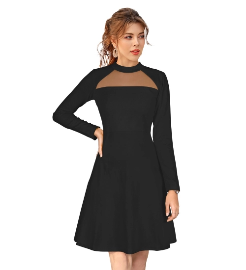 Women's Knitting stretchable Solid Round Neck Full Sleeve Dress (Black)