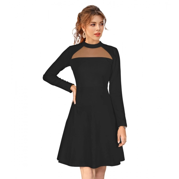 Dropship Women's Knitting stretchable Solid Round Neck Full Sleeve Dress (Black)