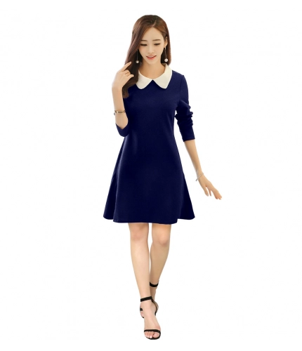 Women's Polyster Solid Collar 3-4th Dresses (Blue)