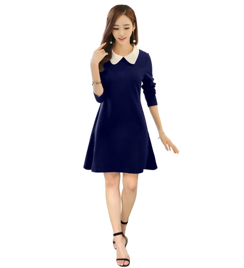 Women's Polyester Solid Collar 3-4th Dress (Blue)