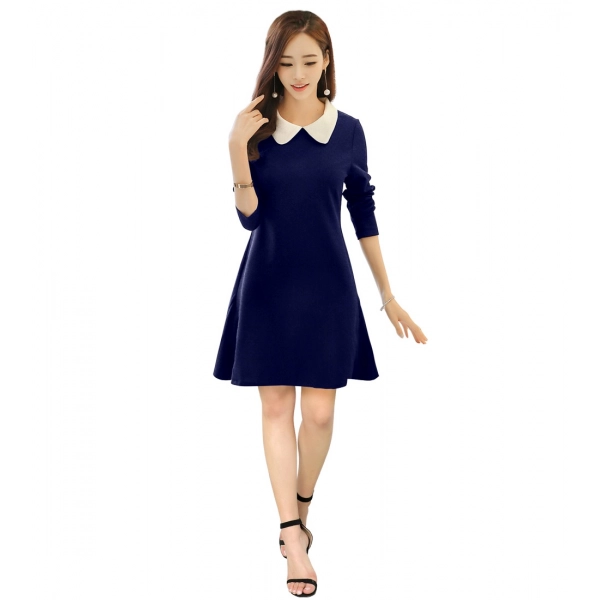 Dropship Women's Polyester Solid Collar 3-4th Dress (Blue)