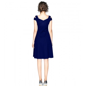 Generic Women's Polyester Solid V Neck Cap Sleeve off Shoulder Dress (Blue)