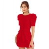 Dropship Women's Knitting stretchable Solid Round Neck 3-4 Puff Sleeve Dress (Red )