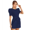 Dropship Women's Knitting stretchable Solid Round Neck 3-4 Puff Sleeve Dress (Blue)