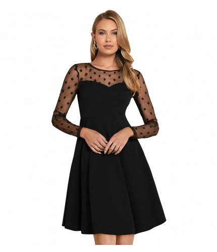 Women's Knitting strachable Solid Round Neck Full Sleeve Dresses (Black)