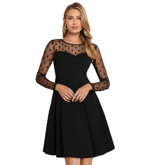 Women's Knitting stretchable Solid Round Neck Full Sleeve Dress (Black)