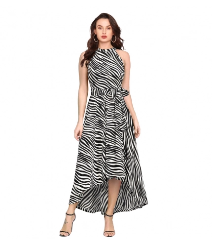 Women's Polyster Zebra Pattern Helter Neck Sleeveless Dresses (White)